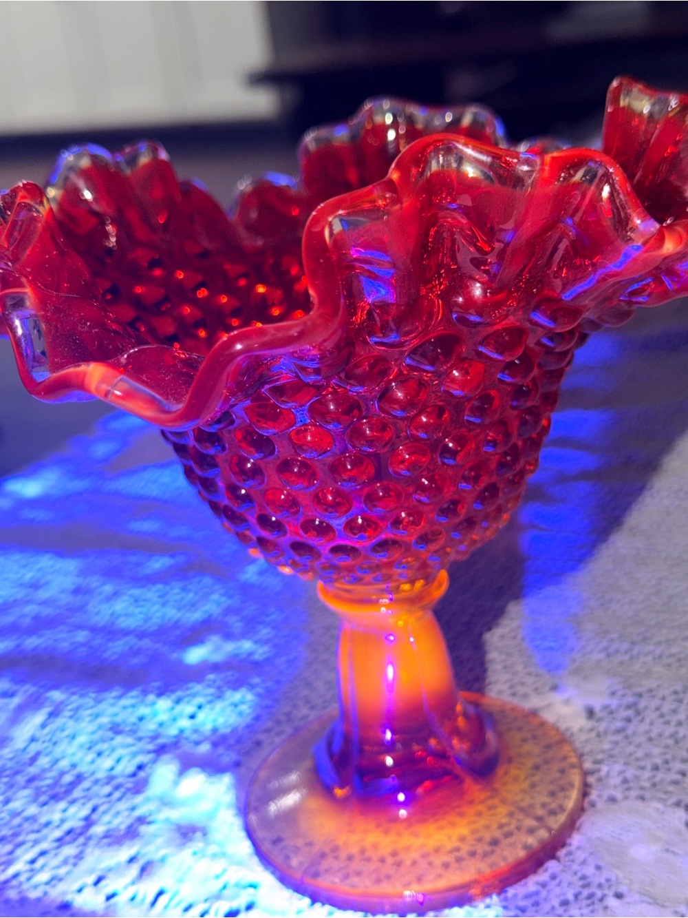 7” Wide Tall Fenton Hobnail Amberina Ruffle Compote Vase Bowl Dish